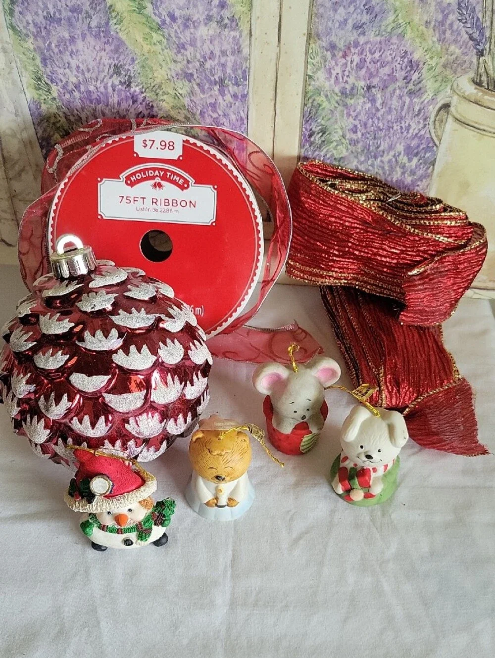 Vintage Holiday Decor Bundle Christmas Ribbon Ornaments Little Chimers Porcelain